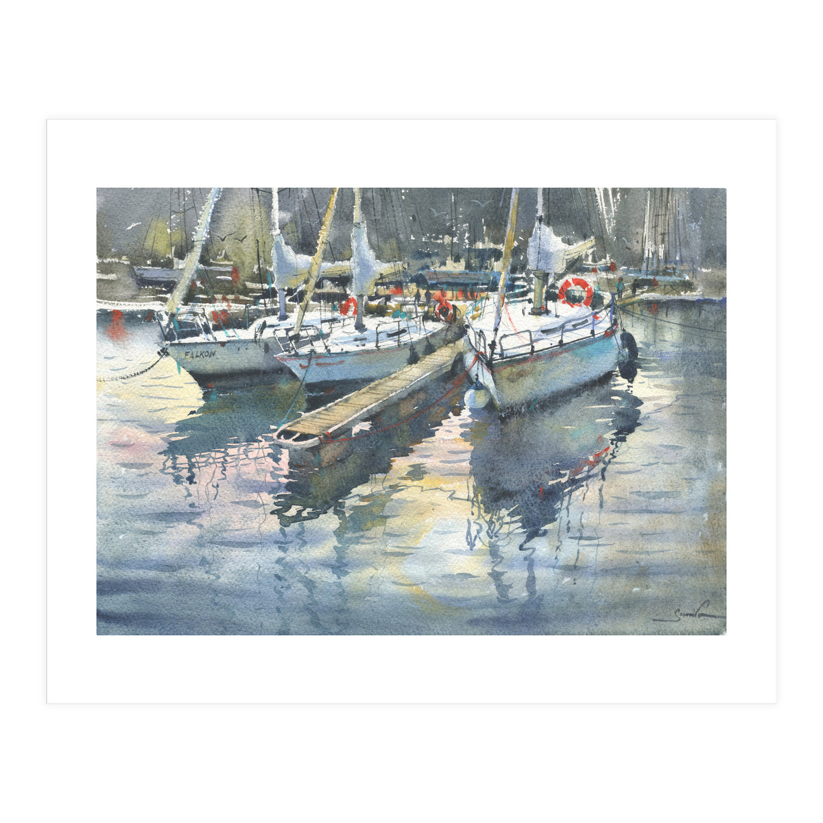 Yachts in the port. Watercolor painting (Print Only)