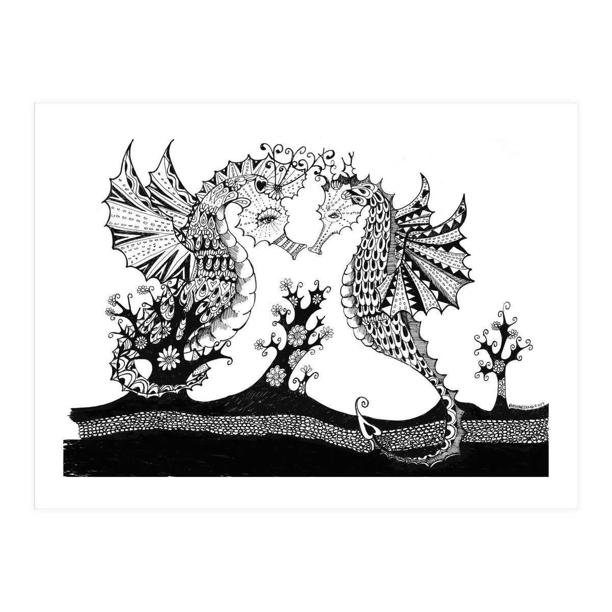 Seahorse Dragons Love Illustration (Print Only)