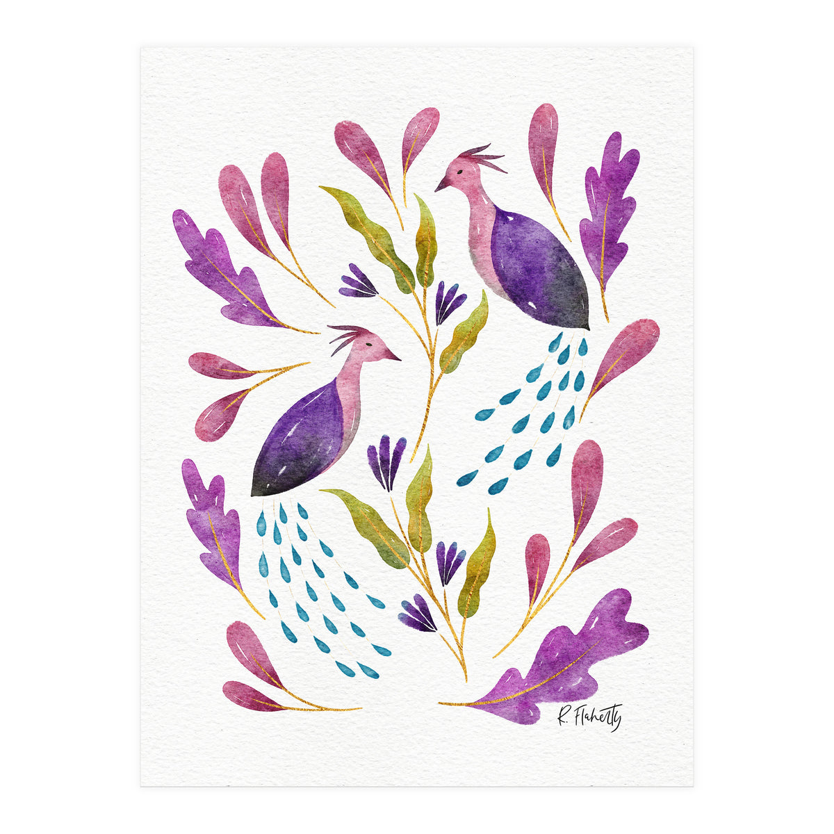 Folk Art Peacocks Purple (Print Only)