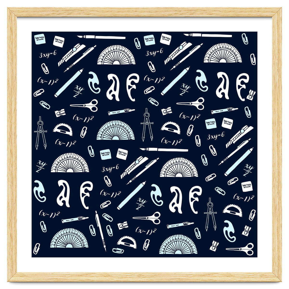 Mathematics and Geometry Pattern with protractors, mechanical pencils and erasers