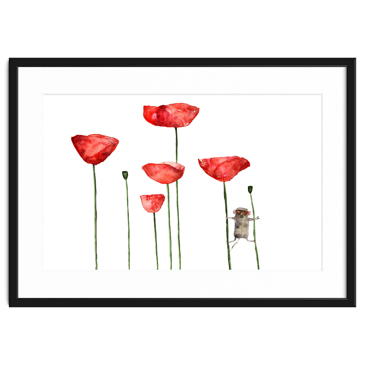 Little mouse loves big poppies || watercolor for nursery