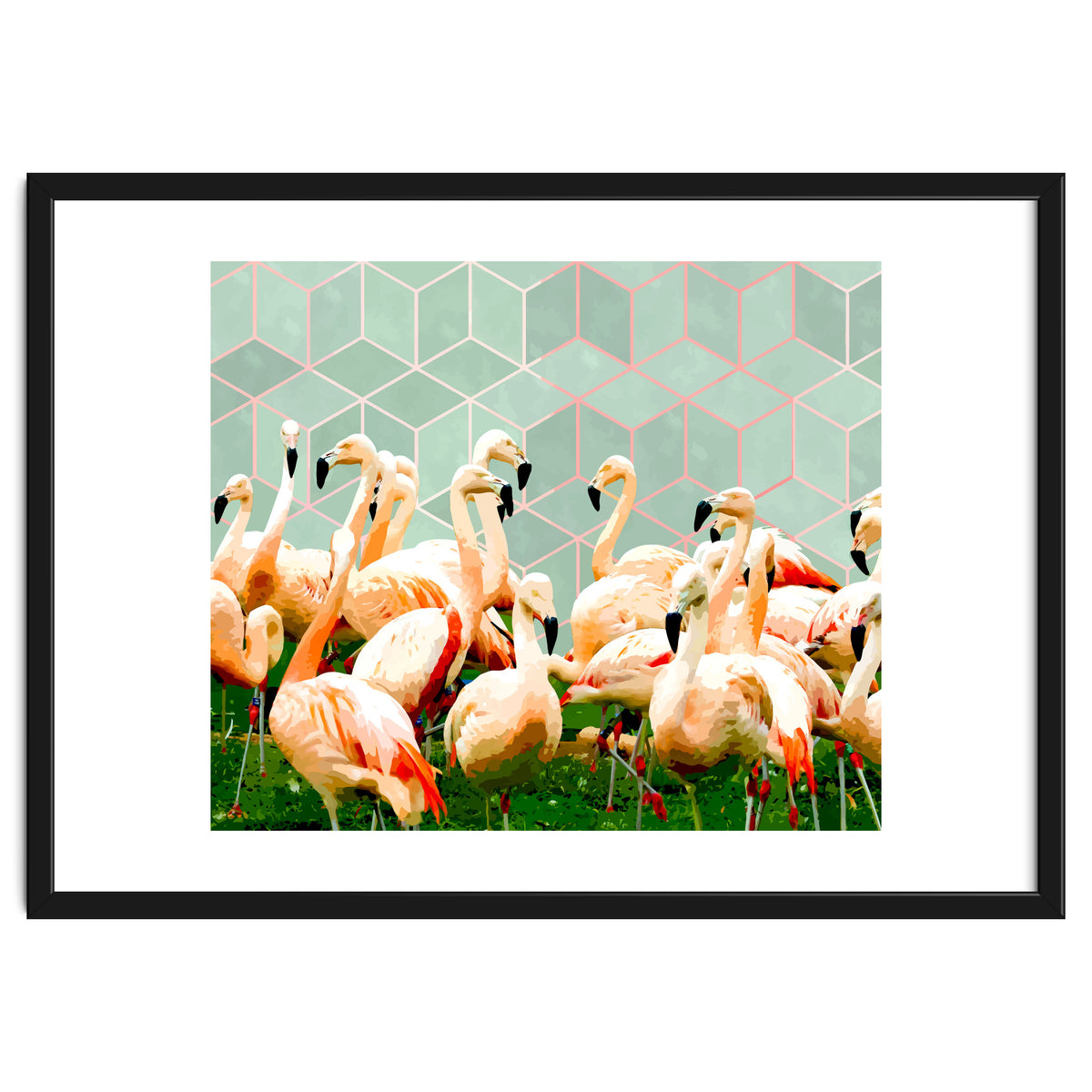 Flamingle Abstract Digital, Flamingo Wildlife Painting, Birds Geometric Collage