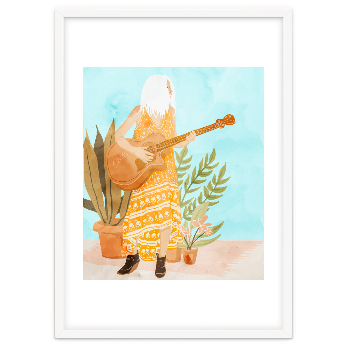 Music Soothes My Soul | Urban Hippie Bohemian Woman Playing the Guitar | Plant Lady Painting