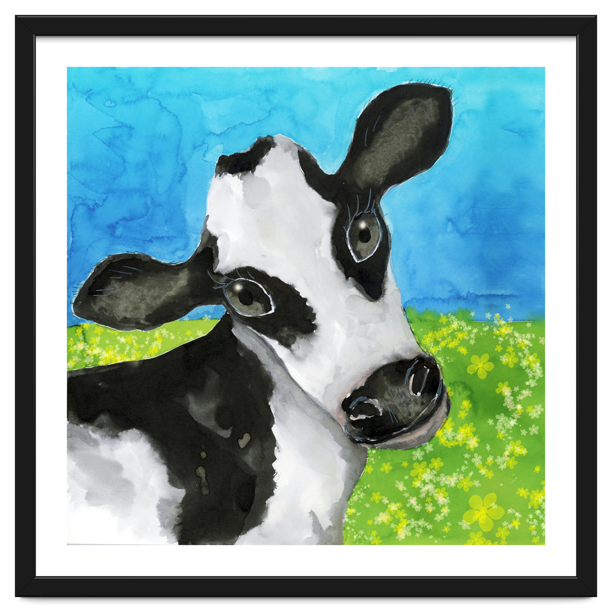 Cow in the meadow watercolor
