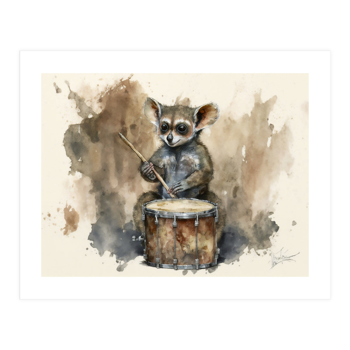 Bush Baby Playing Drum Watercolor Painting (Print Only)