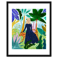 African Safari, Colorful Tropical Jungle Travel, Botanical Watercolor, Blonde Woman with a Leopard