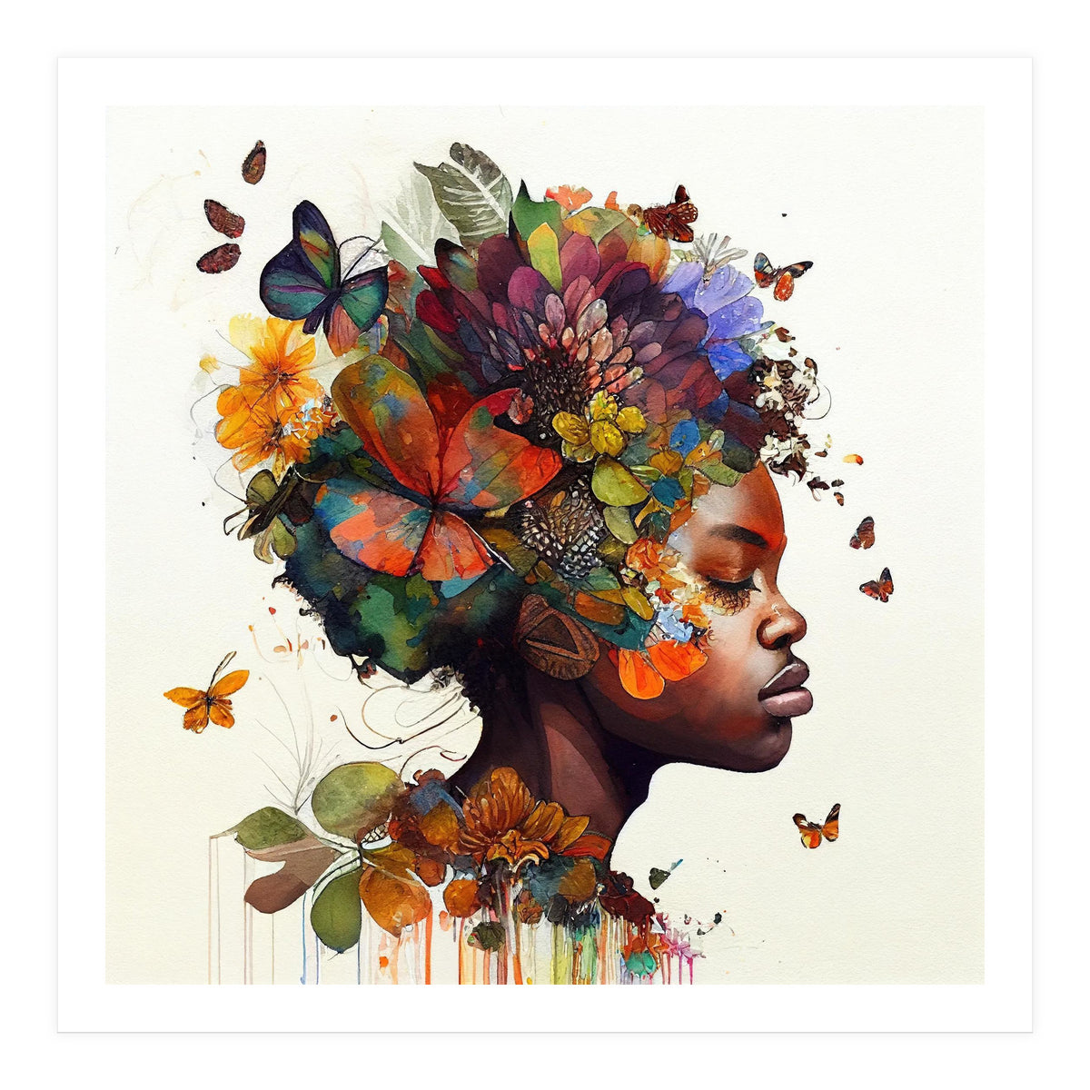 Watercolor Butterfly African Woman #5 (Print Only)