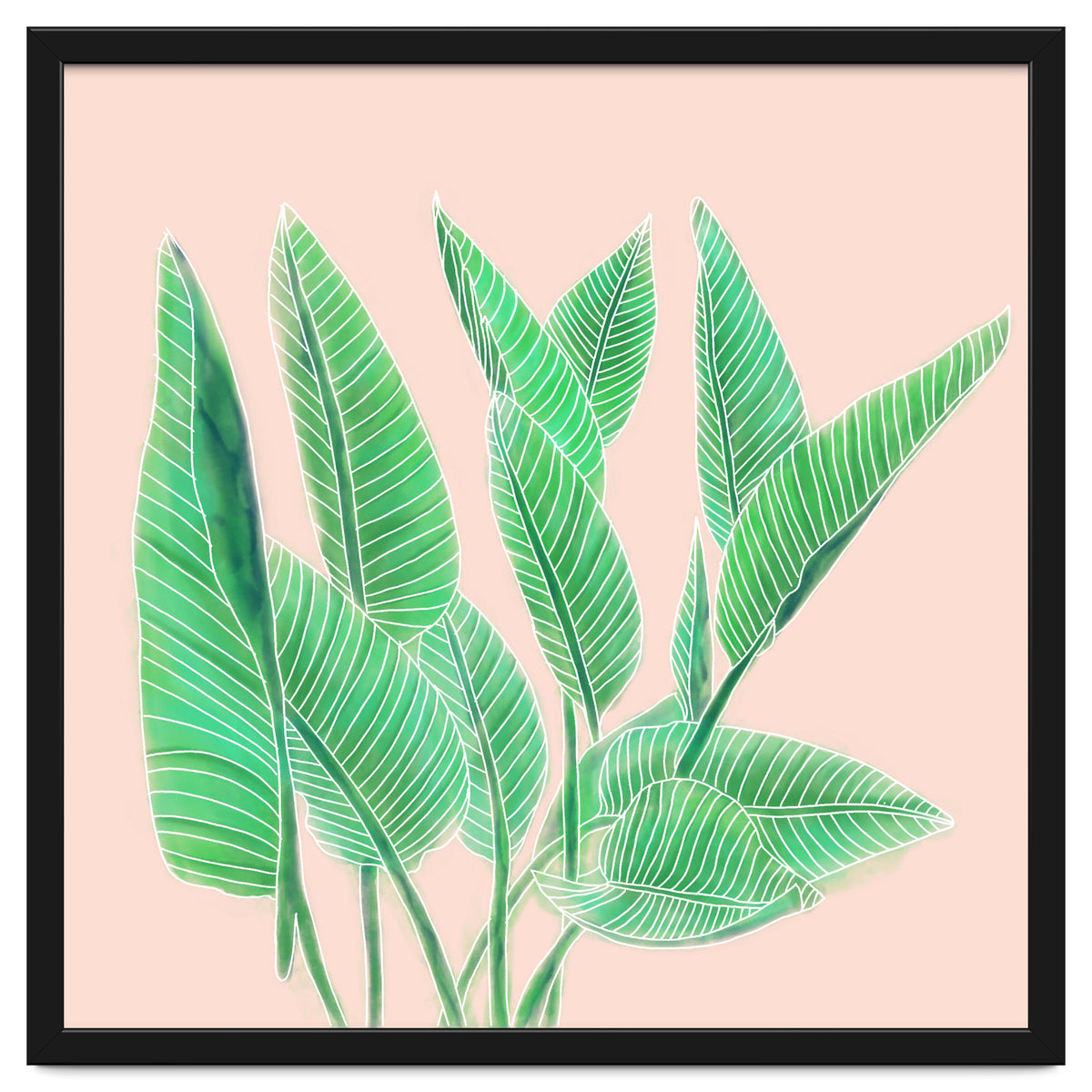 Modern Hand Painted Tropical Green Watercolor Leaf Bird Of Paradise On Pastel Pink