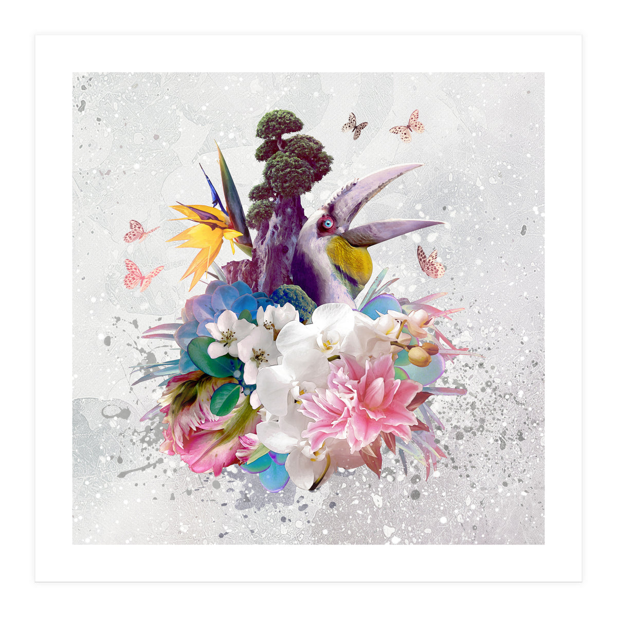 Floral Hornbill Grey  (Print Only)