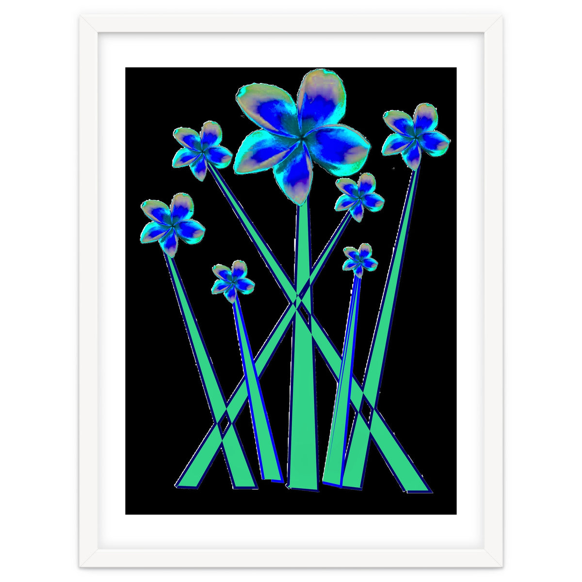 Blue flowers on black.