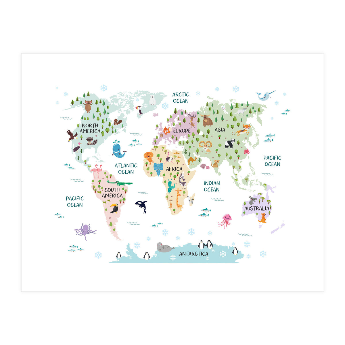 Pastel Animal World Map  (Print Only)