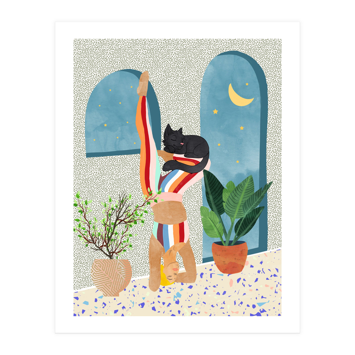 Headstand, Cat Yoga, Active Woman Workout, Eclectic Colorful Pets Terrazzo (Print Only)