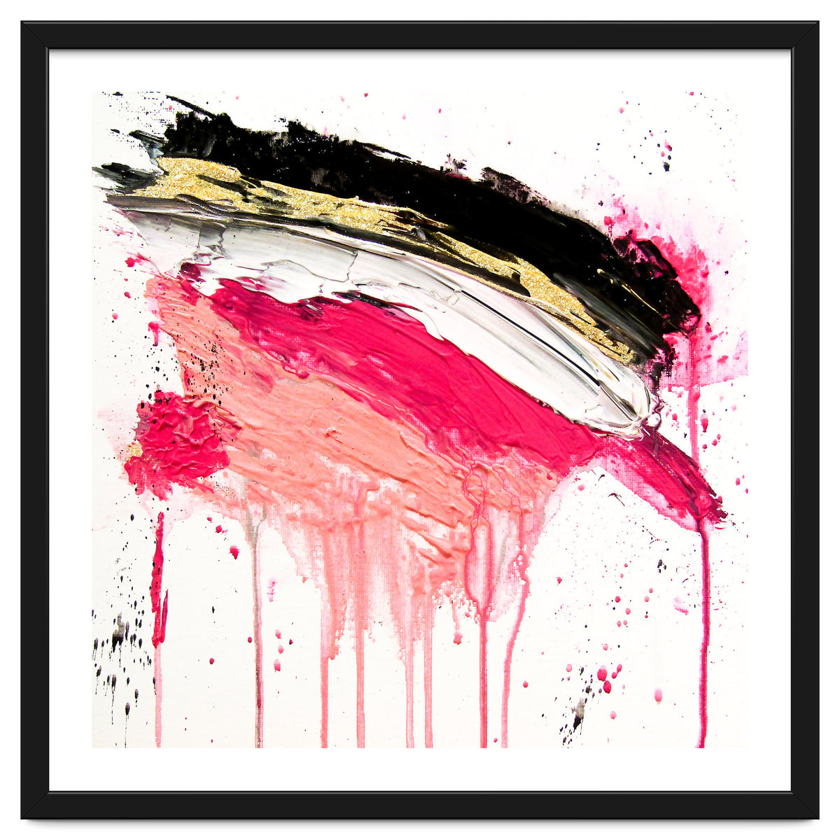 Modern Abstract Pink Black Gold Brushstrokes Splatters Acrylic