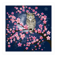 Great horned owl in a blossom tree (Print Only)