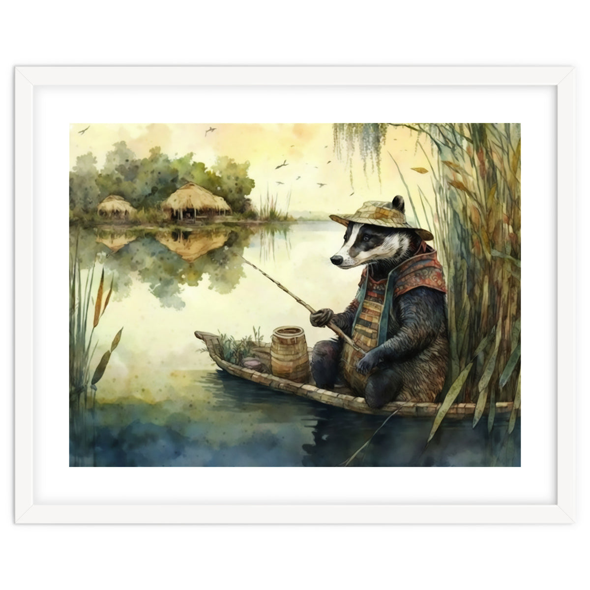 Badger Fishing Watercolor Painting