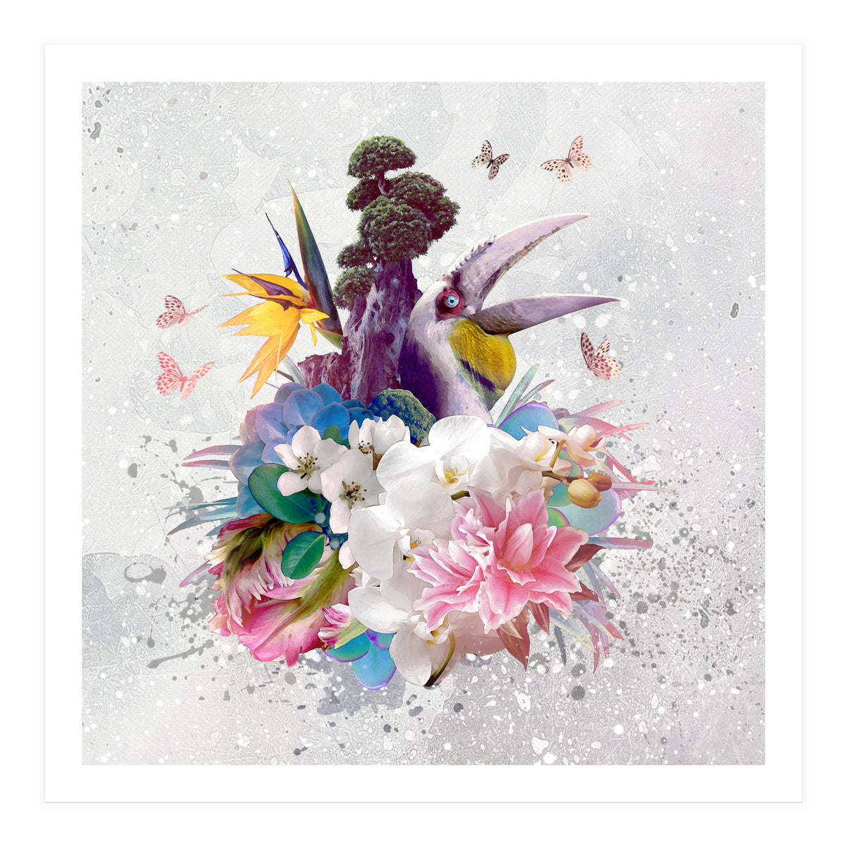 Floral Hornbill Grey  (Print Only)