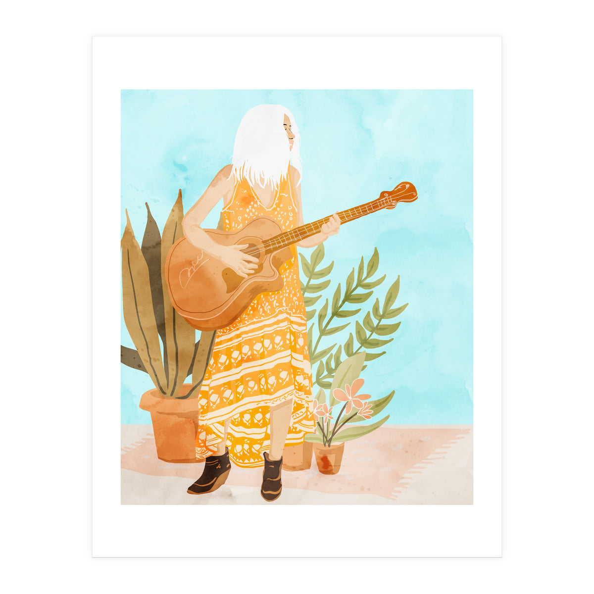 Music Soothes My Soul | Urban Hippie Bohemian Woman Playing the Guitar | Plant Lady Painting (Print Only)