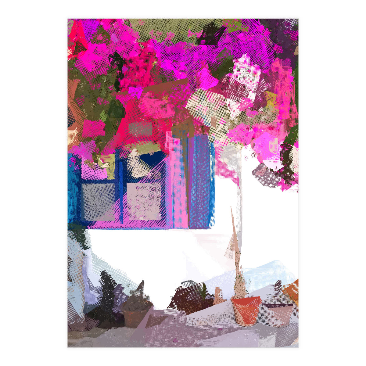 Blossom Is Just Around The Corner, Bougainvillea Tropical Greece Architecture, Botanical SummerTravel Bohemian (Print Only)