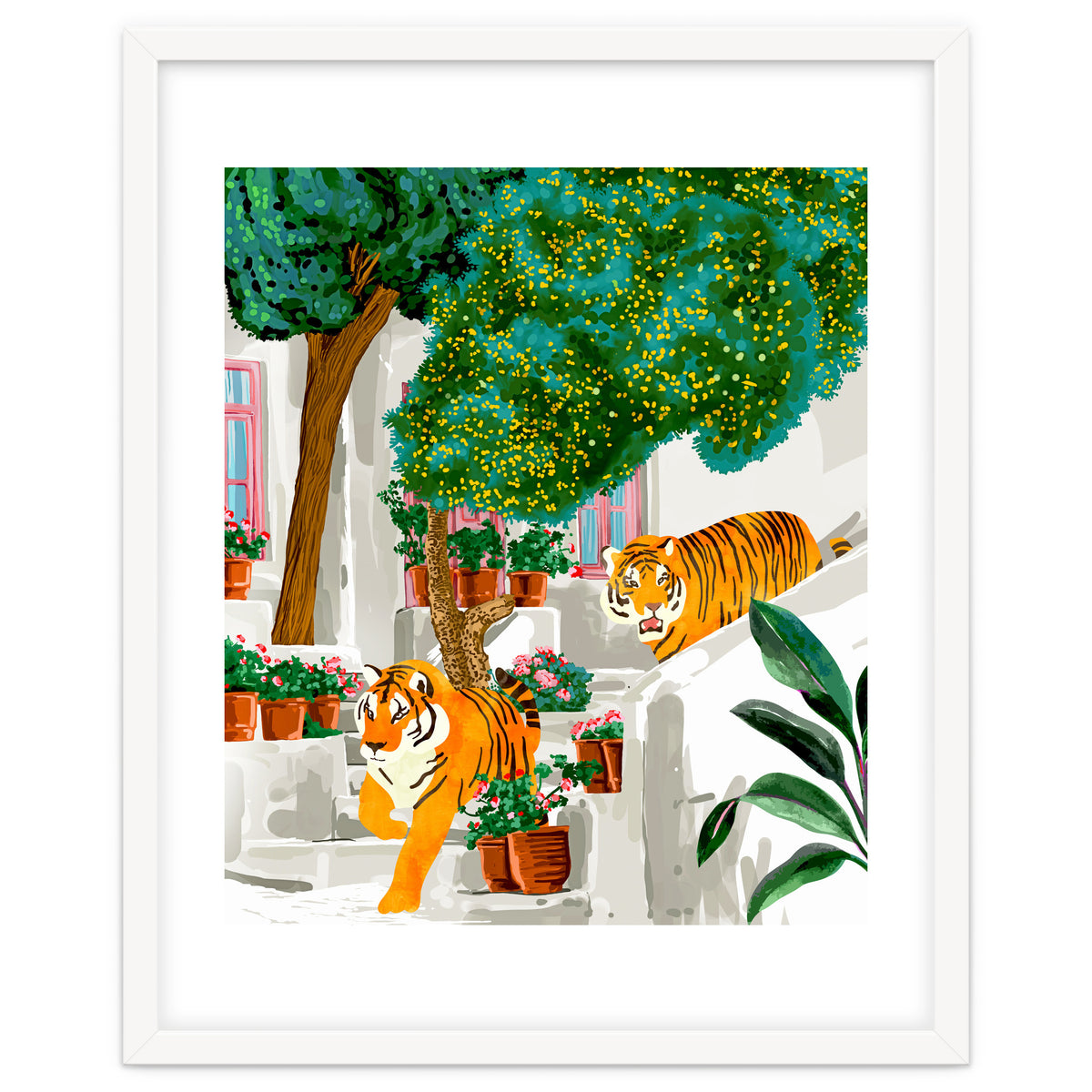 Tigers in Greece | Santorini Travel Architecture, Wildlife Animal Painting | Watercolor Illustration