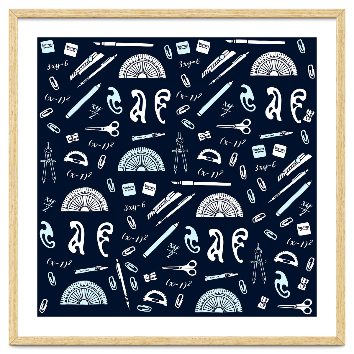 Mathematics and Geometry Pattern with protractors, mechanical pencils and erasers