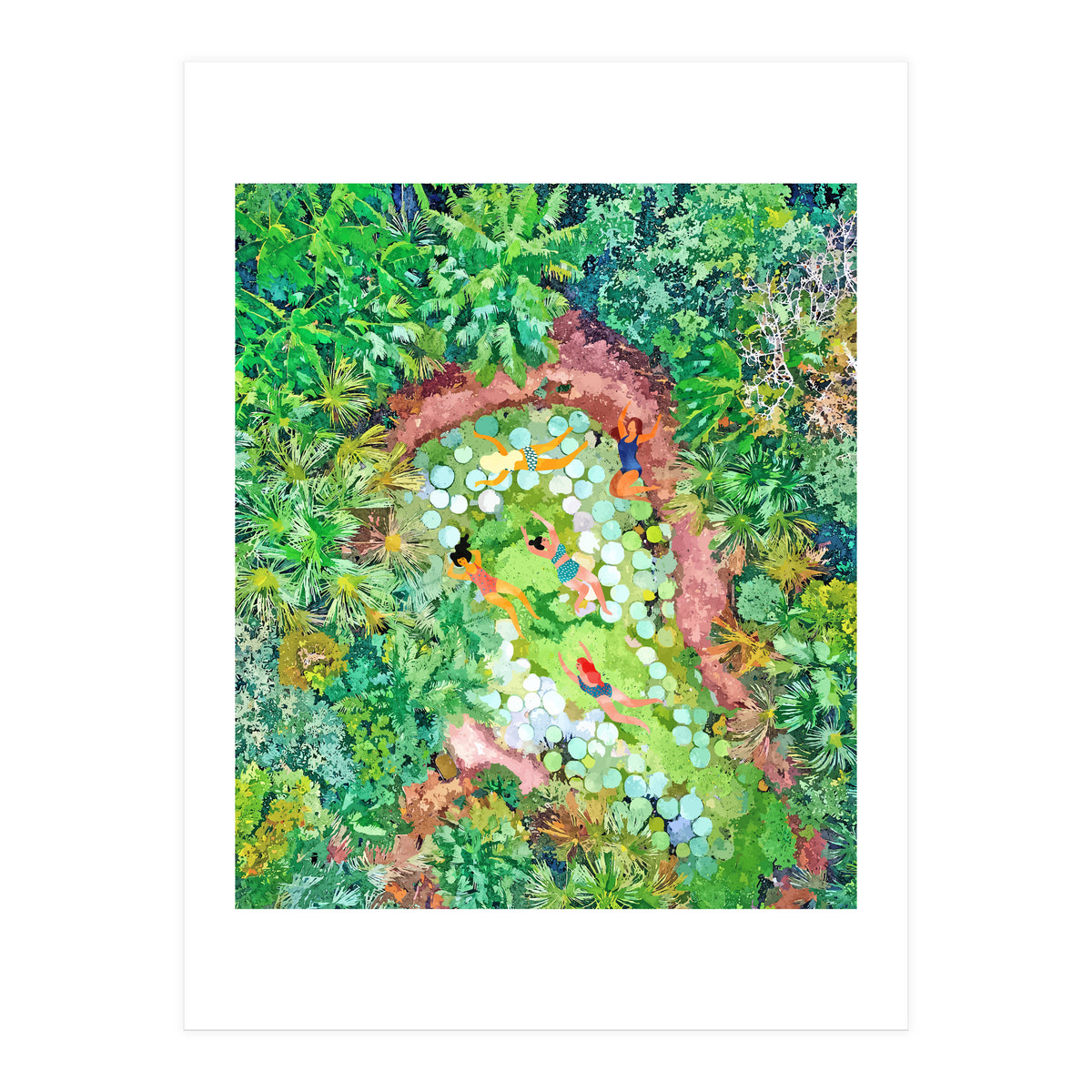 Tropical Vacay | Rainforest Jungle Botanical Lush Nature | Summer Lake People Swim | Boho Painting (Print Only)