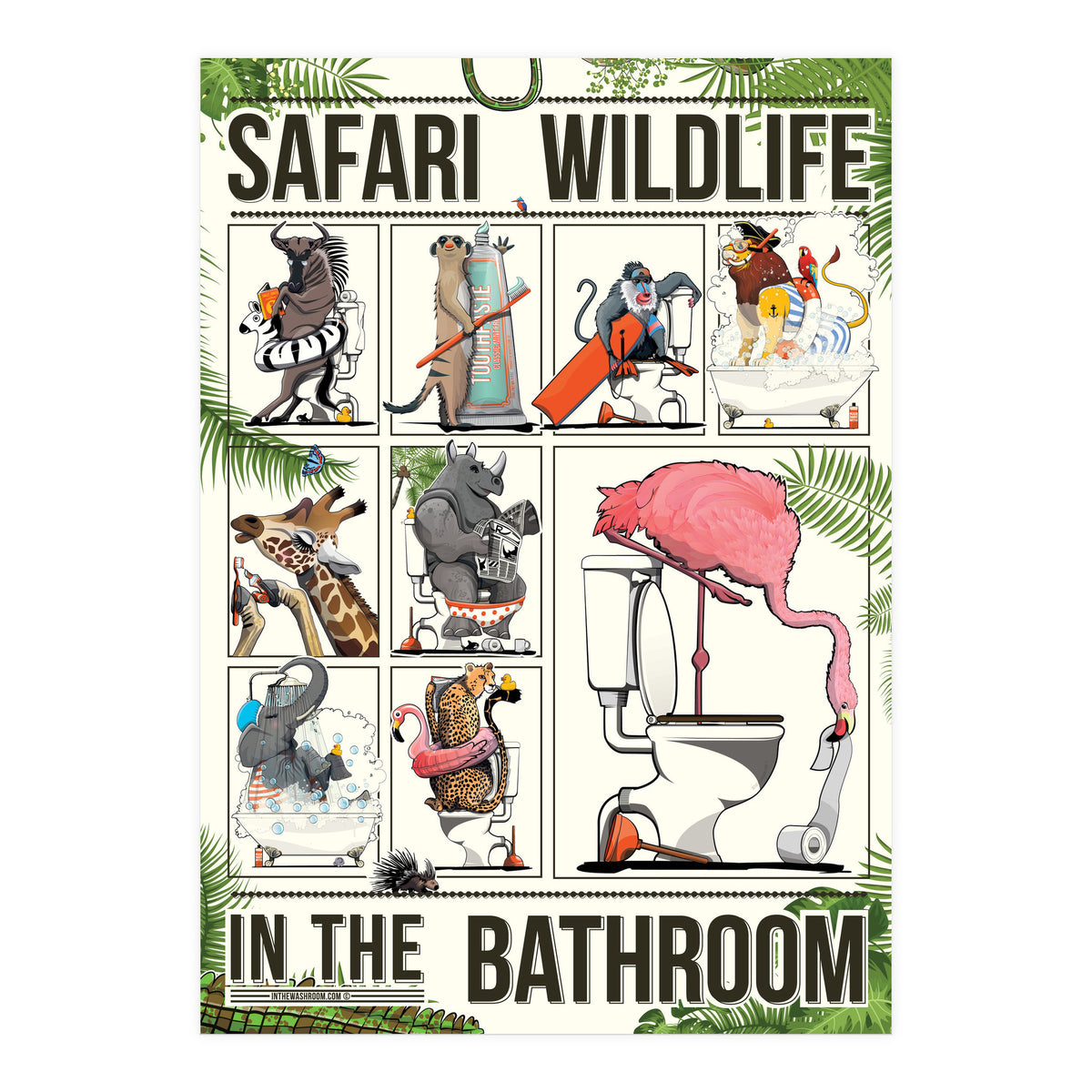 Safari wildlife animals in the bathroom, funny toilet humour.  (Print Only)