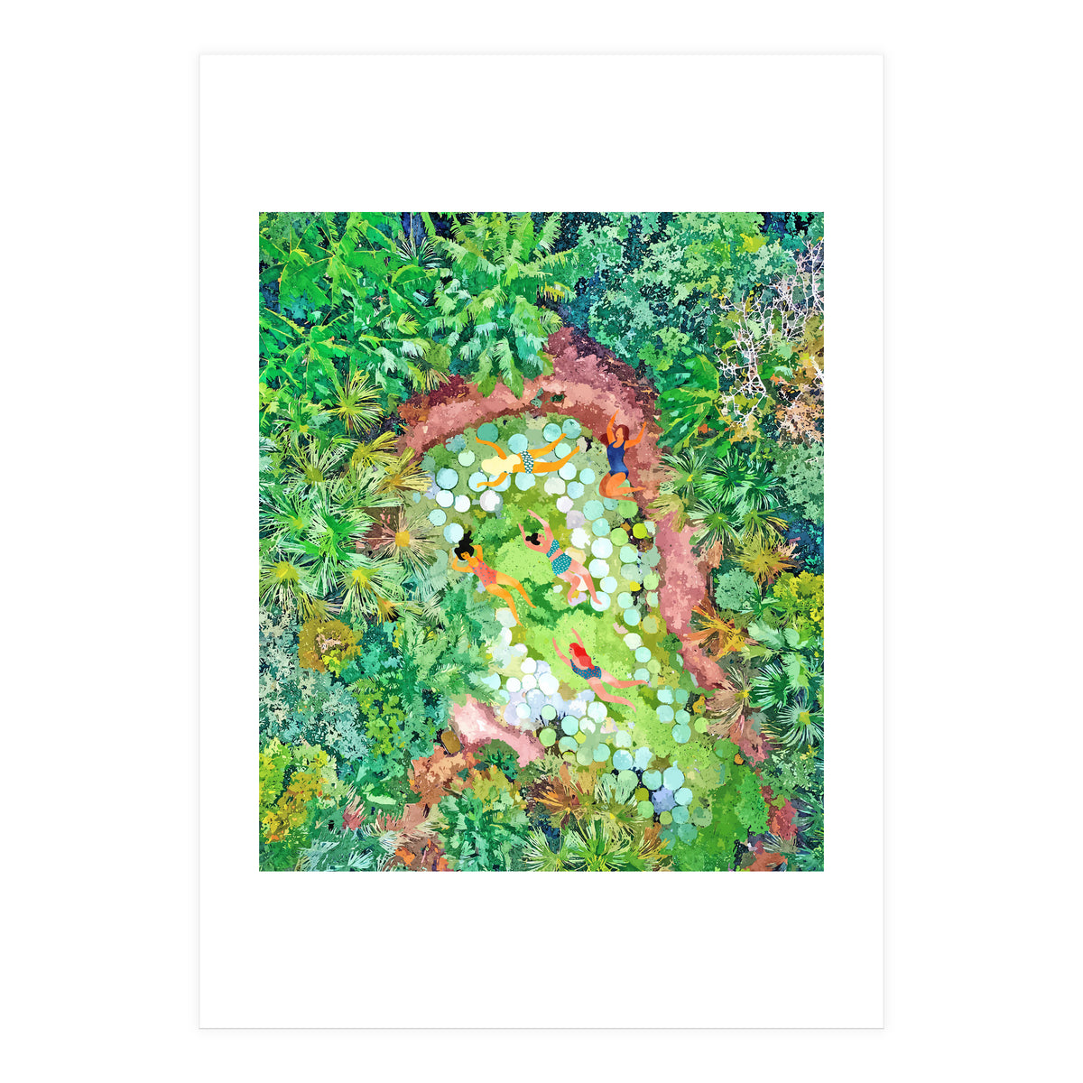 Tropical Vacay | Rainforest Jungle Botanical Lush Nature | Summer Lake People Swim | Boho Painting (Print Only)