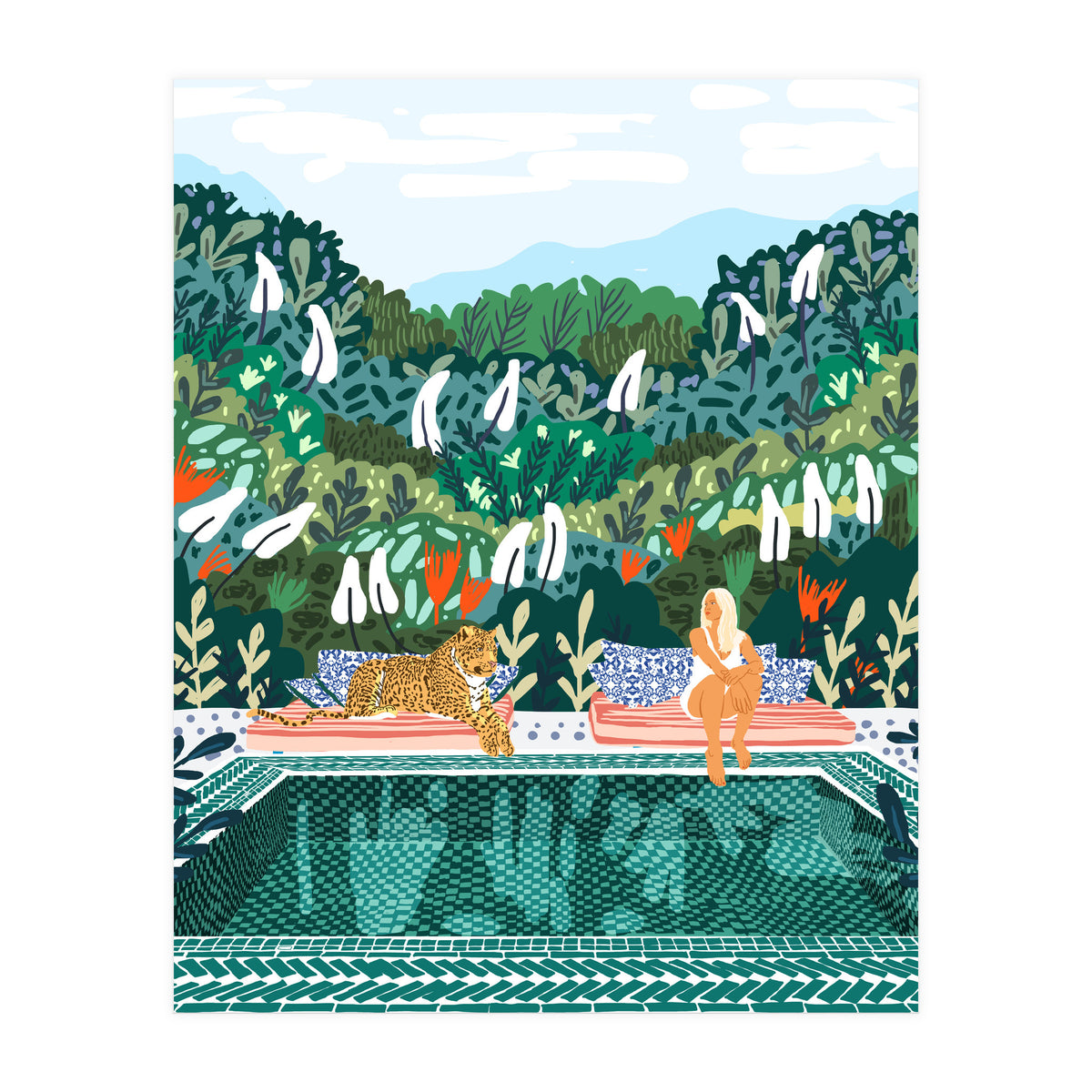 Chilling by the pool with my leopard Tropical Jungle Nature Wildlife Bohemian Morocco Travel (Print Only)