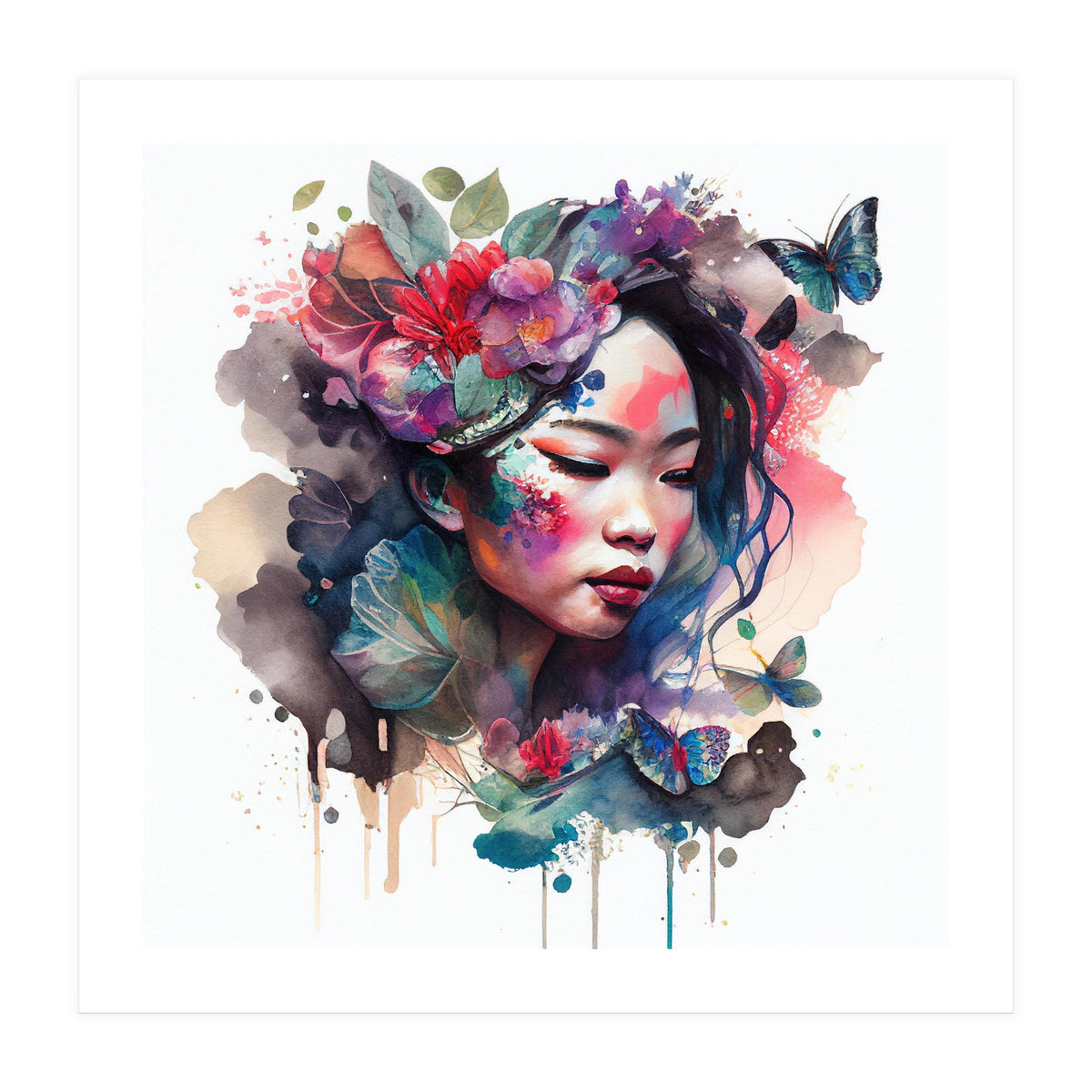 Watercolor Floral Asian Woman #10 (Print Only)