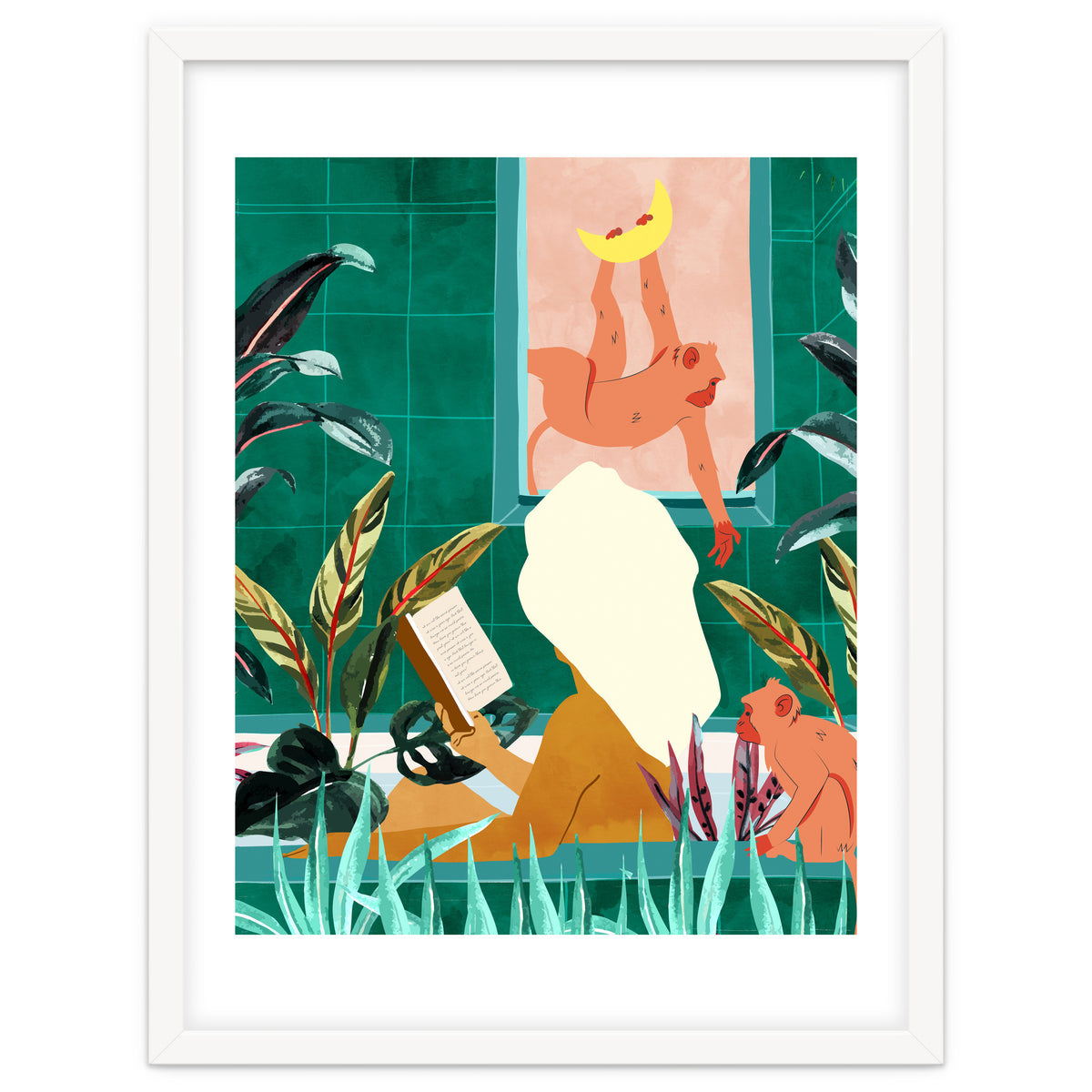 Urban Jungle Bath | Tropical Modern Bohemian Woman Bathtub | Pet Monkey Wild Animals Moon Watercolor