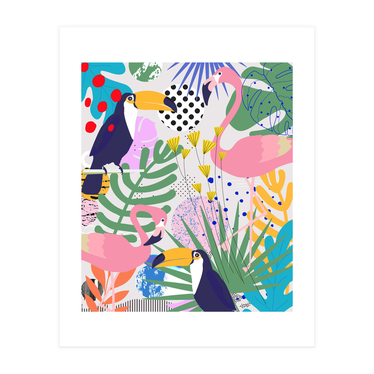 Tropical Spring | Pastel Quirky Modern Bohemian Jungle Botanical | Flamingo Palm Cockatoo Birds (Print Only)
