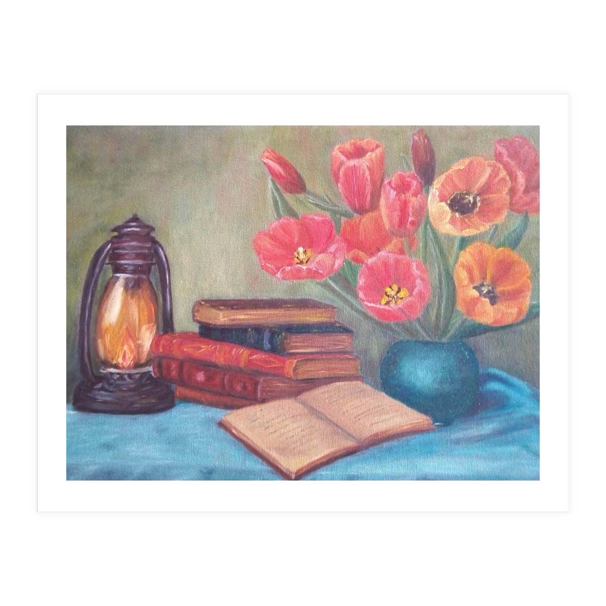Still life with tulips, books and an old lamp. (Print Only)
