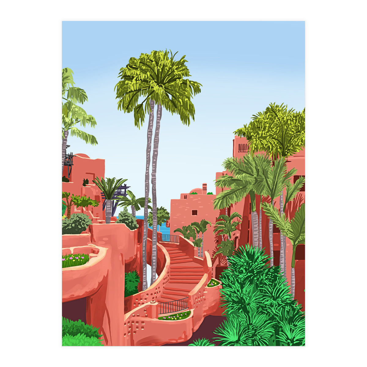 Tropical Architecture, Mexico Exotic Places Building Illustration Bohemian Painting Palm  (Print Only)