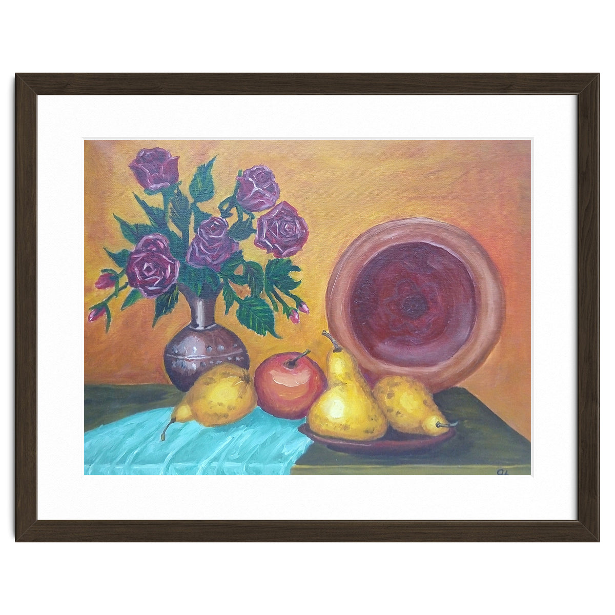 Still life with pears, roses and a dish.