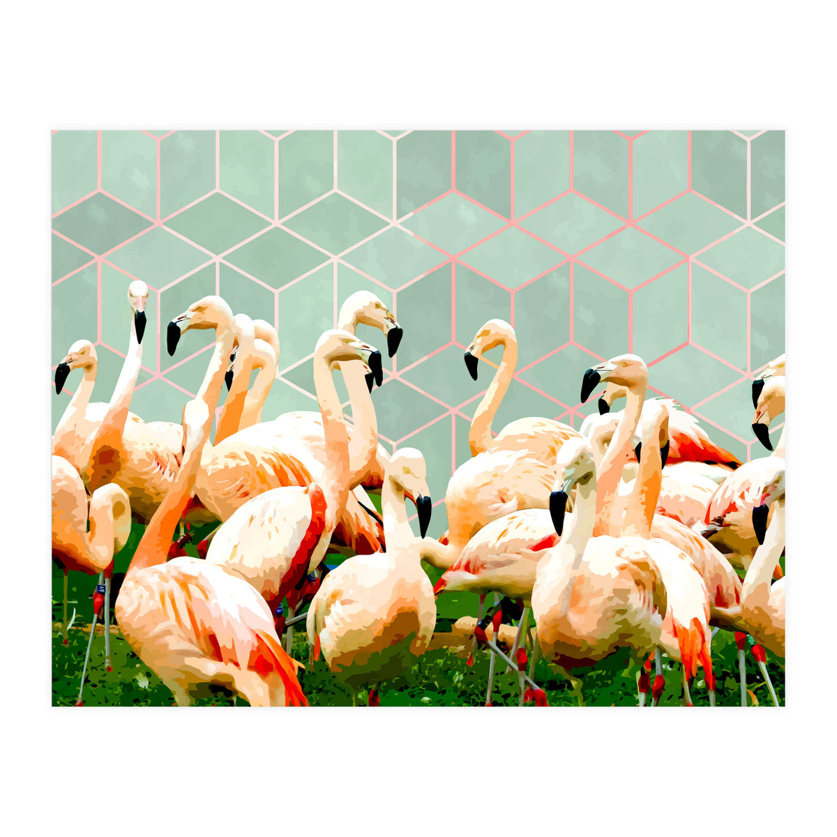 Flamingle Abstract Digital, Flamingo Wildlife Painting, Birds Geometric Collage  (Print Only)