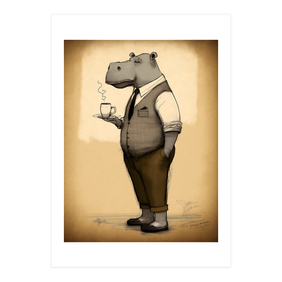 Hippo Hipster Fashion Sketch (Print Only)