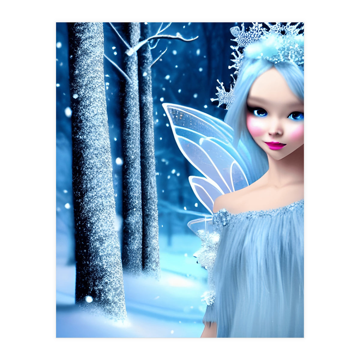 Cute 3d light blue Winter Fairy in the Forest (Print Only)
