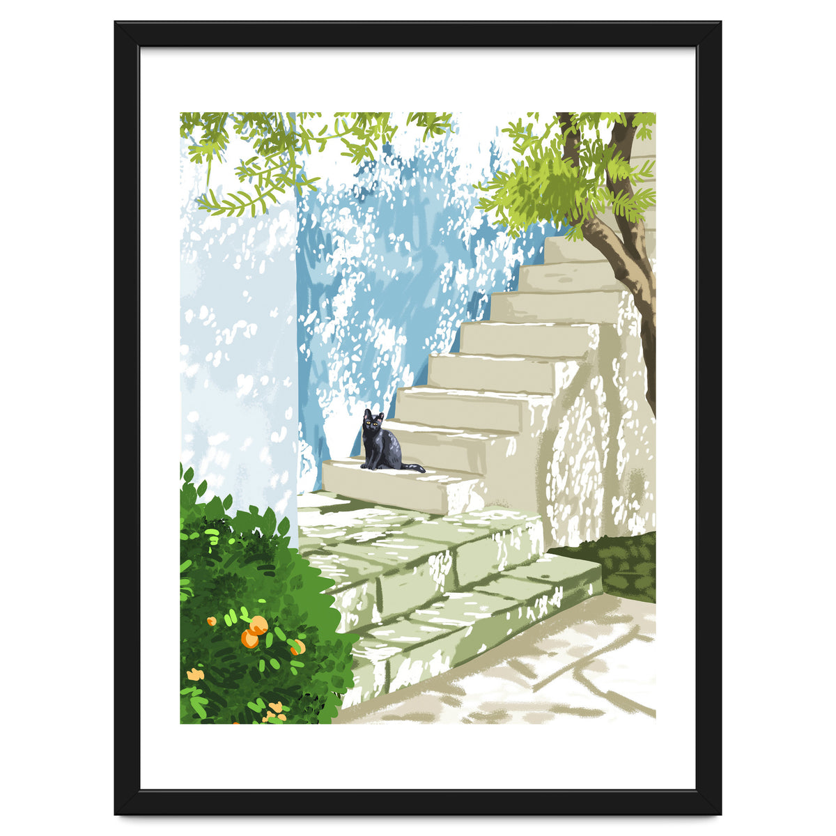Black cat on the steps Poster, Greece Santorini summer travel pet painting