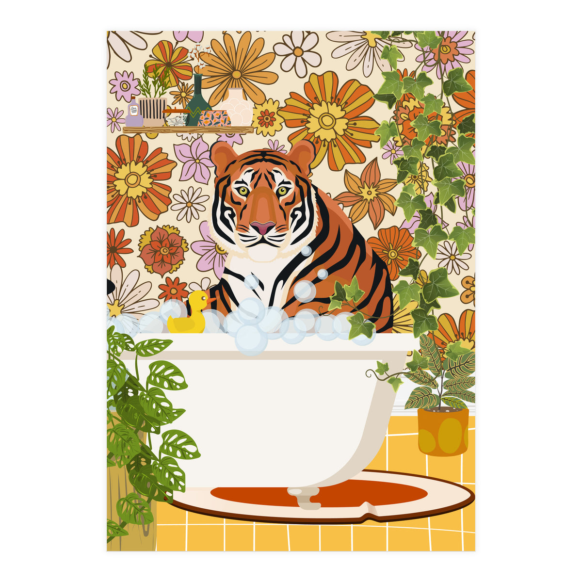 Tiger Bathing in Groovy Bathroom (Print Only)