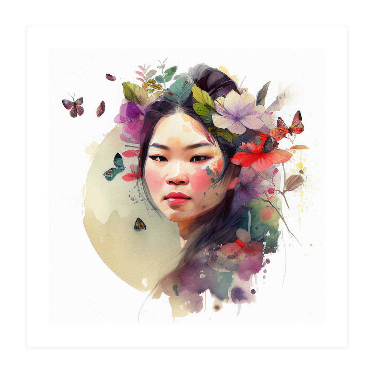 Watercolor Floral Asian Woman #3 (Print Only)