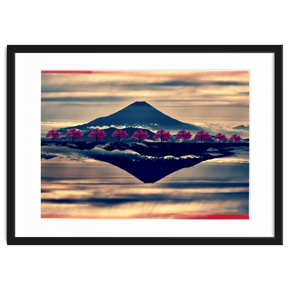 Reflection on Mount Fuji with cherry trees.