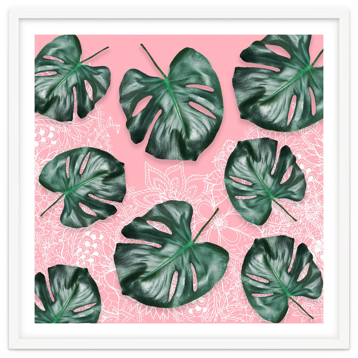 Modern 3d green tropical monstera leaf photo on blush pink white floral illustration