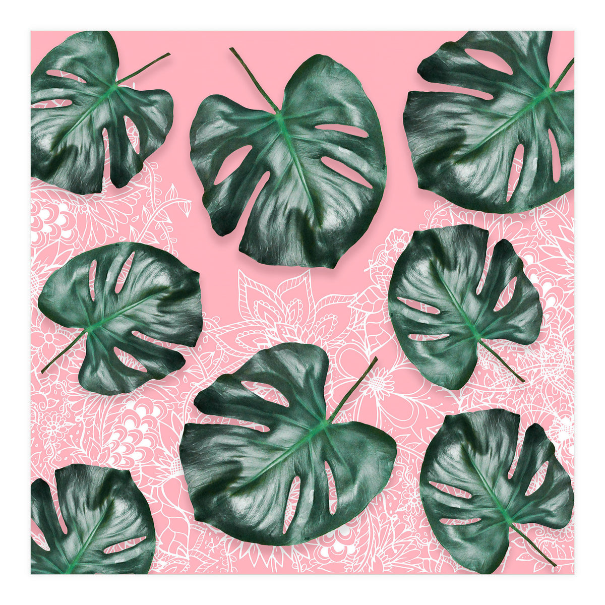 Modern 3d green tropical monstera leaf photo on blush pink white floral illustration (Print Only)