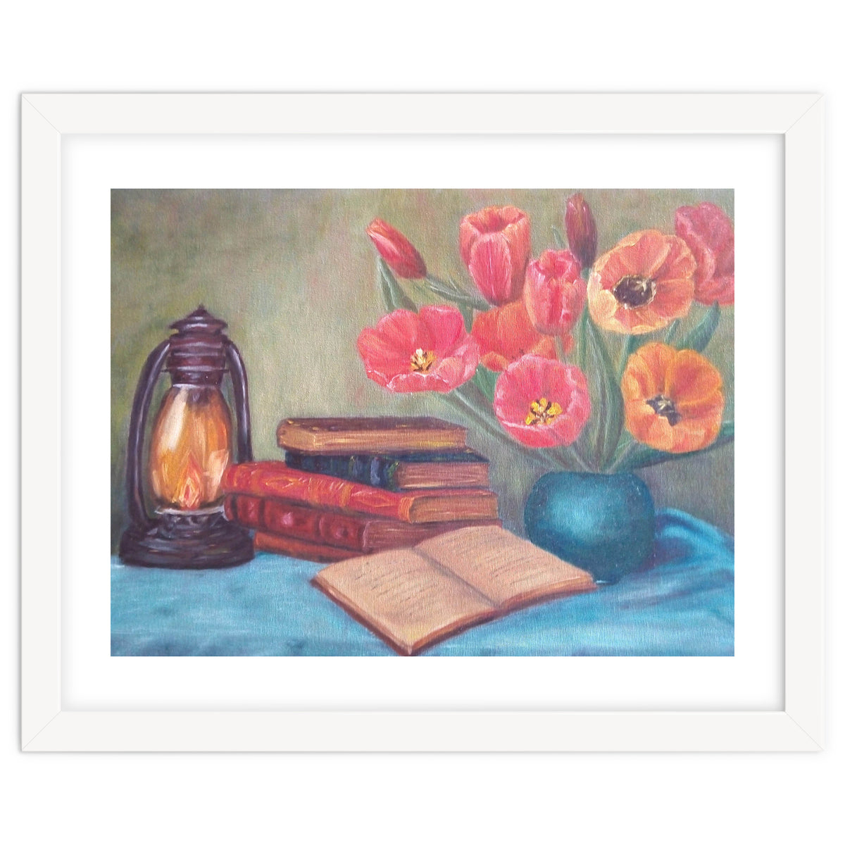 Still life with tulips, books and an old lamp.
