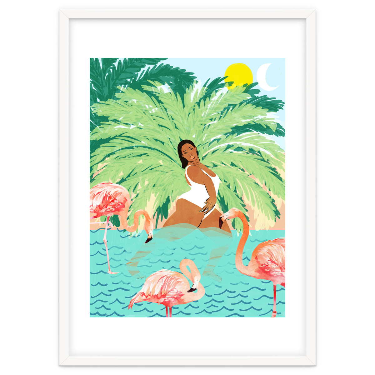 Tropical Summer Water Yoga with Palm & Flamingos | Woman of Color Black Woman Body Positivity