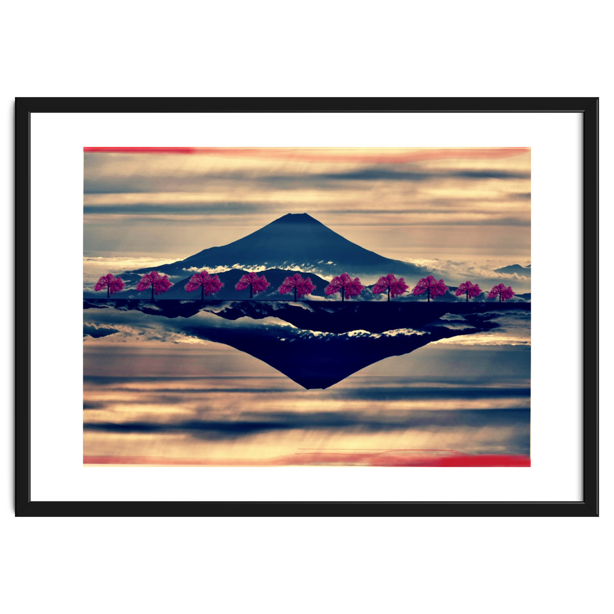 Reflection on Mount Fuji with cherry trees.