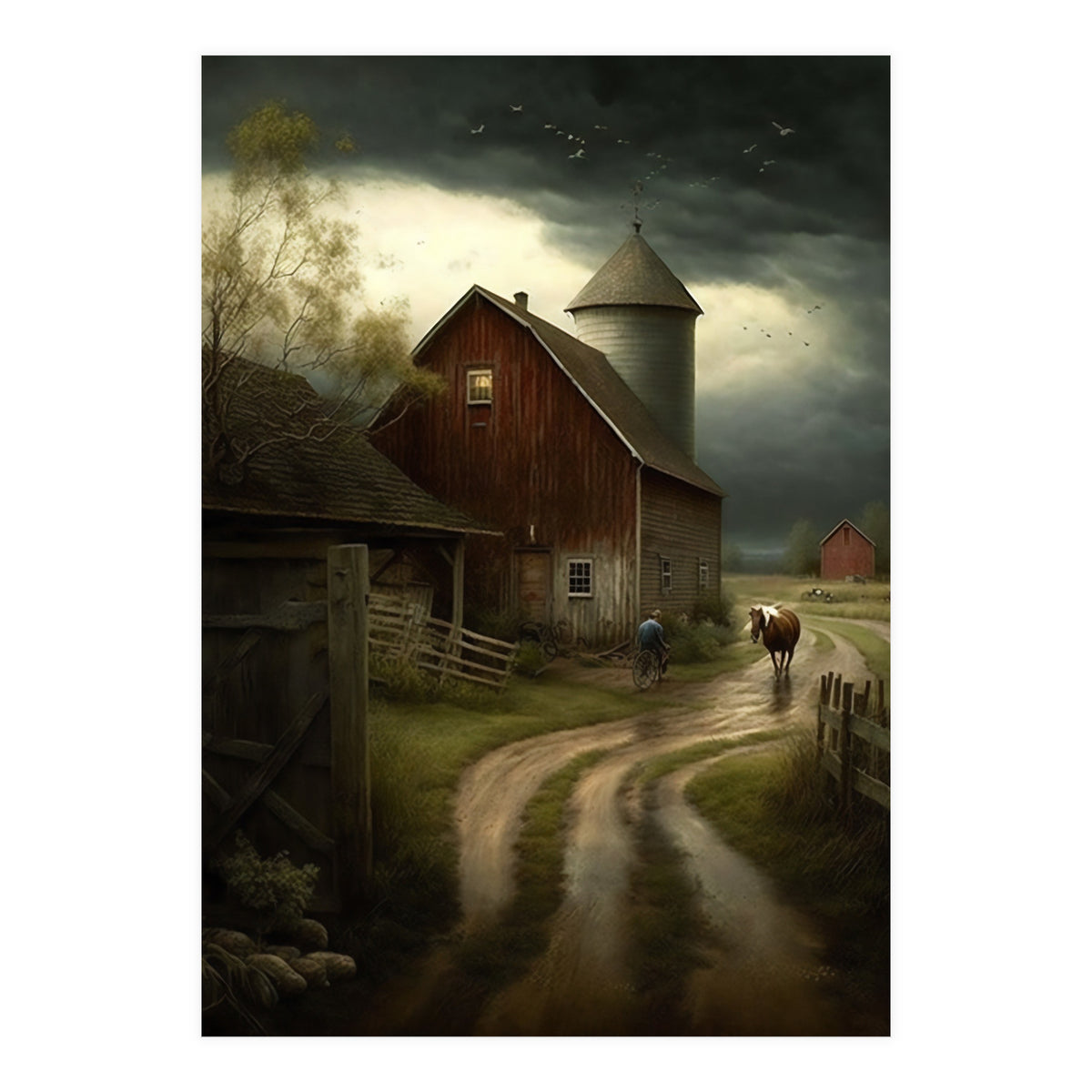 19th Century Farm Scene Oil Painting (Print Only)