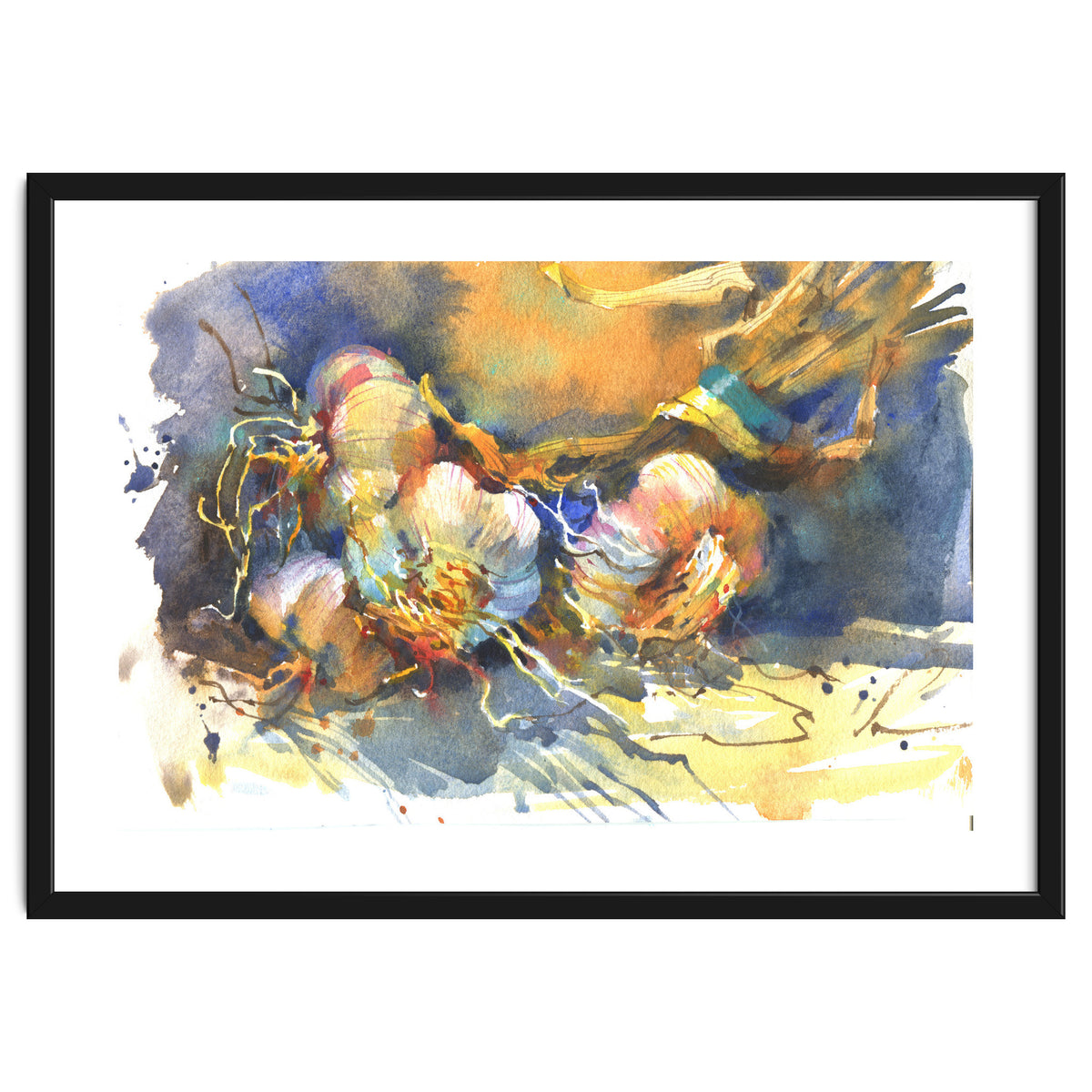 Garlic still life watercolor painting for kitchen