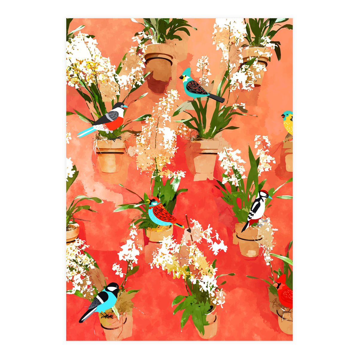 Birds of different feathers flock together | Biodiversity Wildlife Animals Red Watercolor Painting (Print Only)