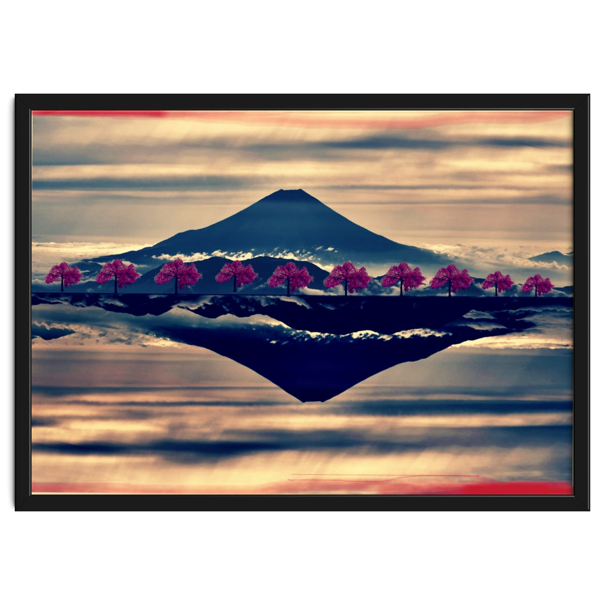 Reflection on Mount Fuji with cherry trees.